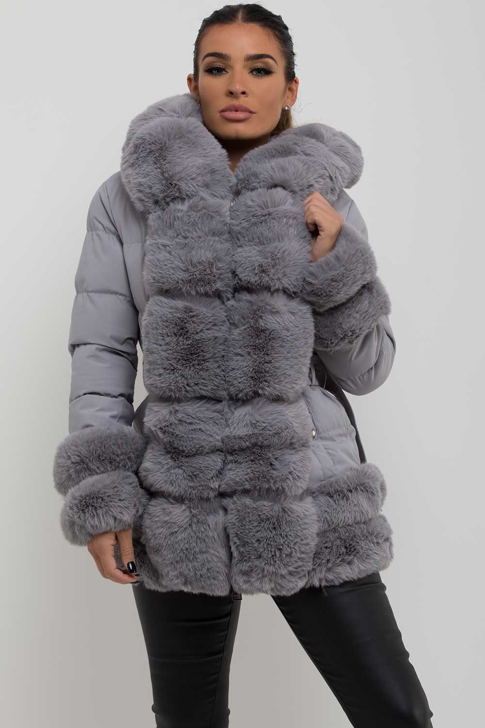 Puffer Jacket with Fur Hood Cuff and Trim Grey | Xtralitty