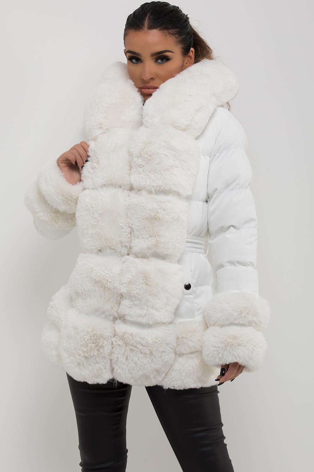Puffer Jacket with Fur Hood Cuff and Trim White | Xtralitty