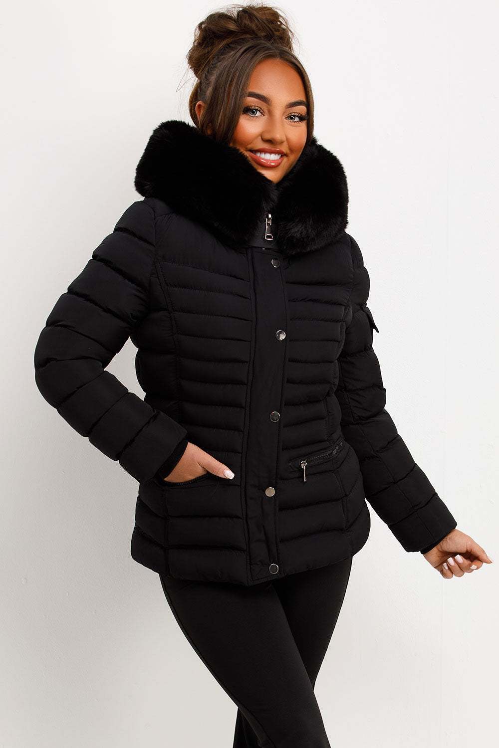 Puffer Jacket with Faux Fur Hood Side Buckle Det | Xtralitty
