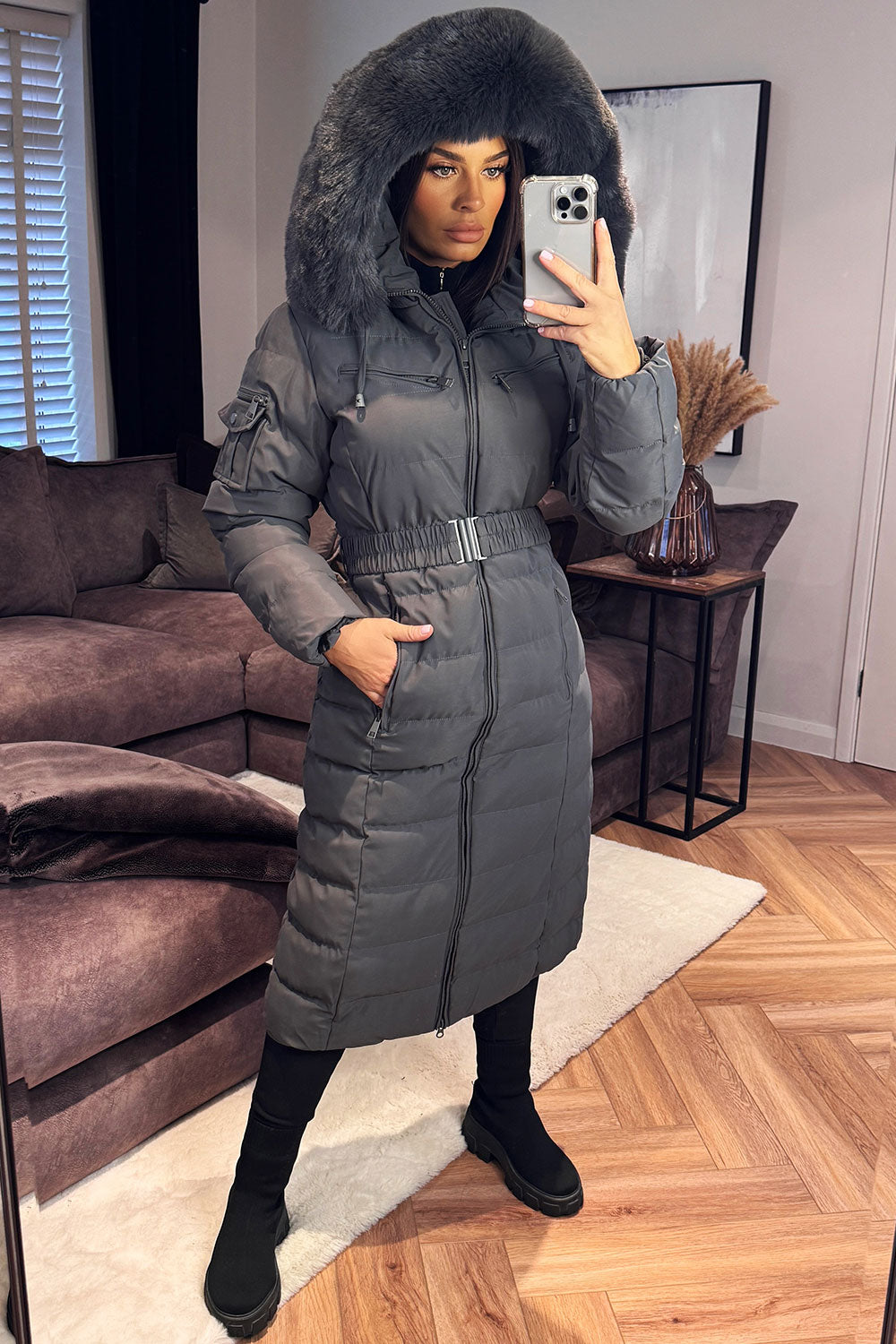 Longline Puffer Padded Coat with Fur Hood and Be | Xtralitty