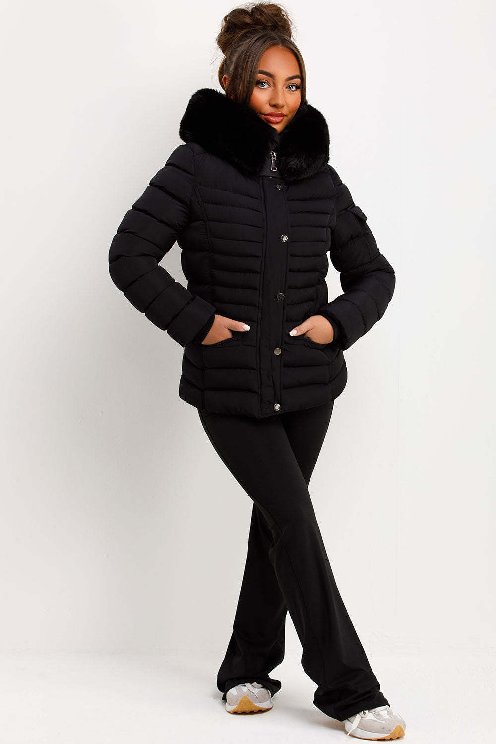 Puffer Jacket with Faux Fur Hood Side Buckle Det | Xtralitty
