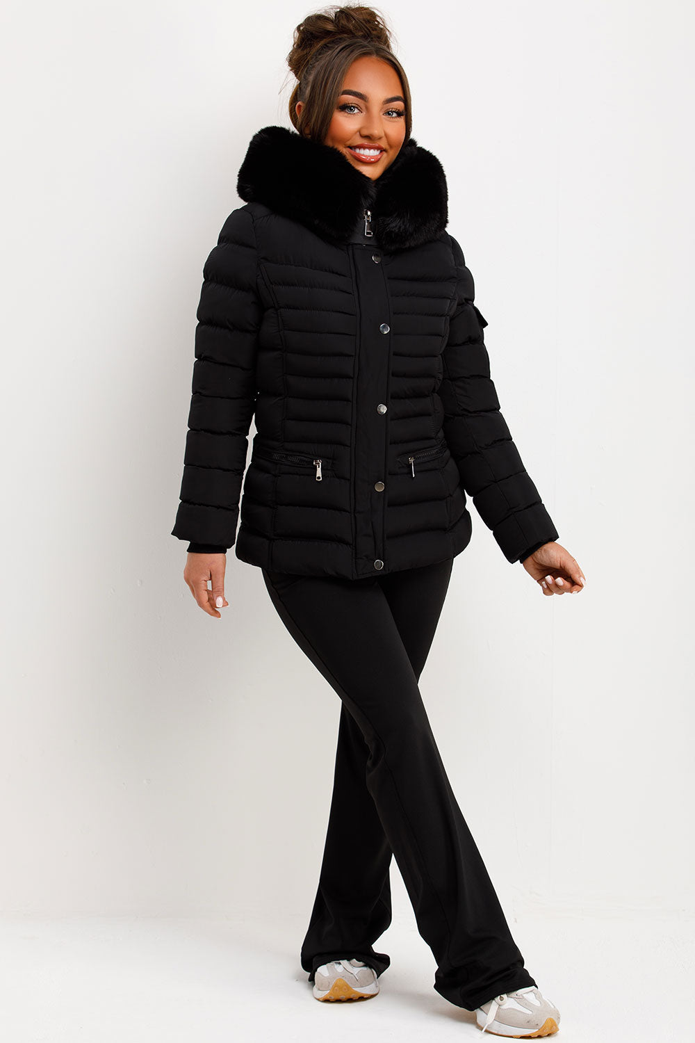 Puffer Jacket with Faux Fur Hood Side Buckle Det | Xtralitty