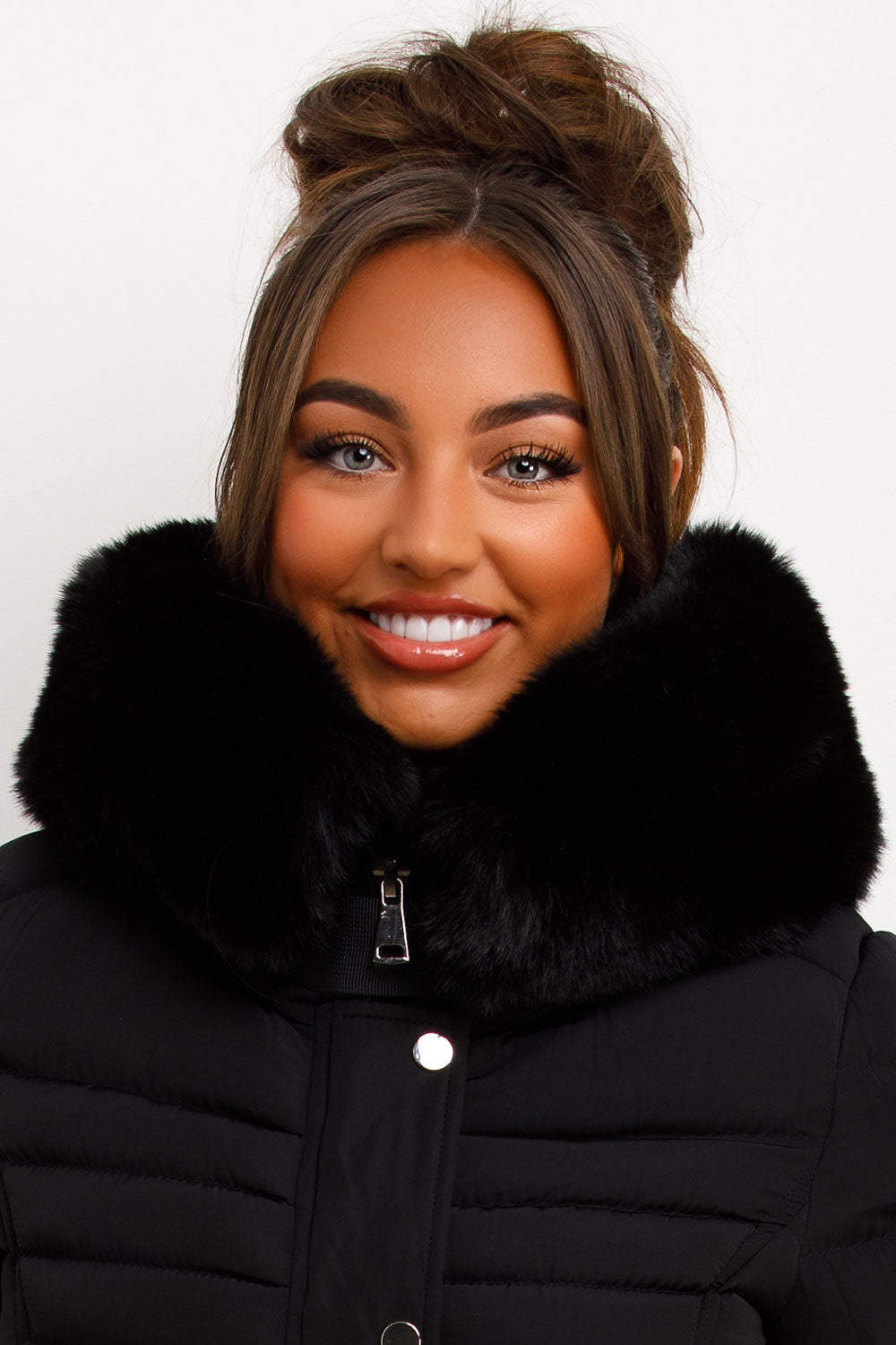 Puffer Jacket with Faux Fur Hood Side Buckle Det | Xtralitty