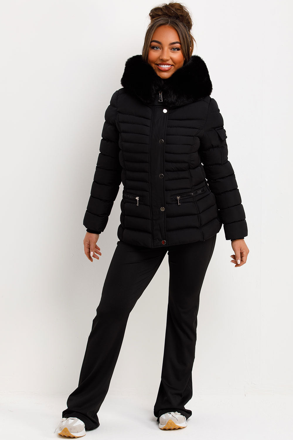 Puffer Jacket with Faux Fur Hood Side Buckle Det | Xtralitty