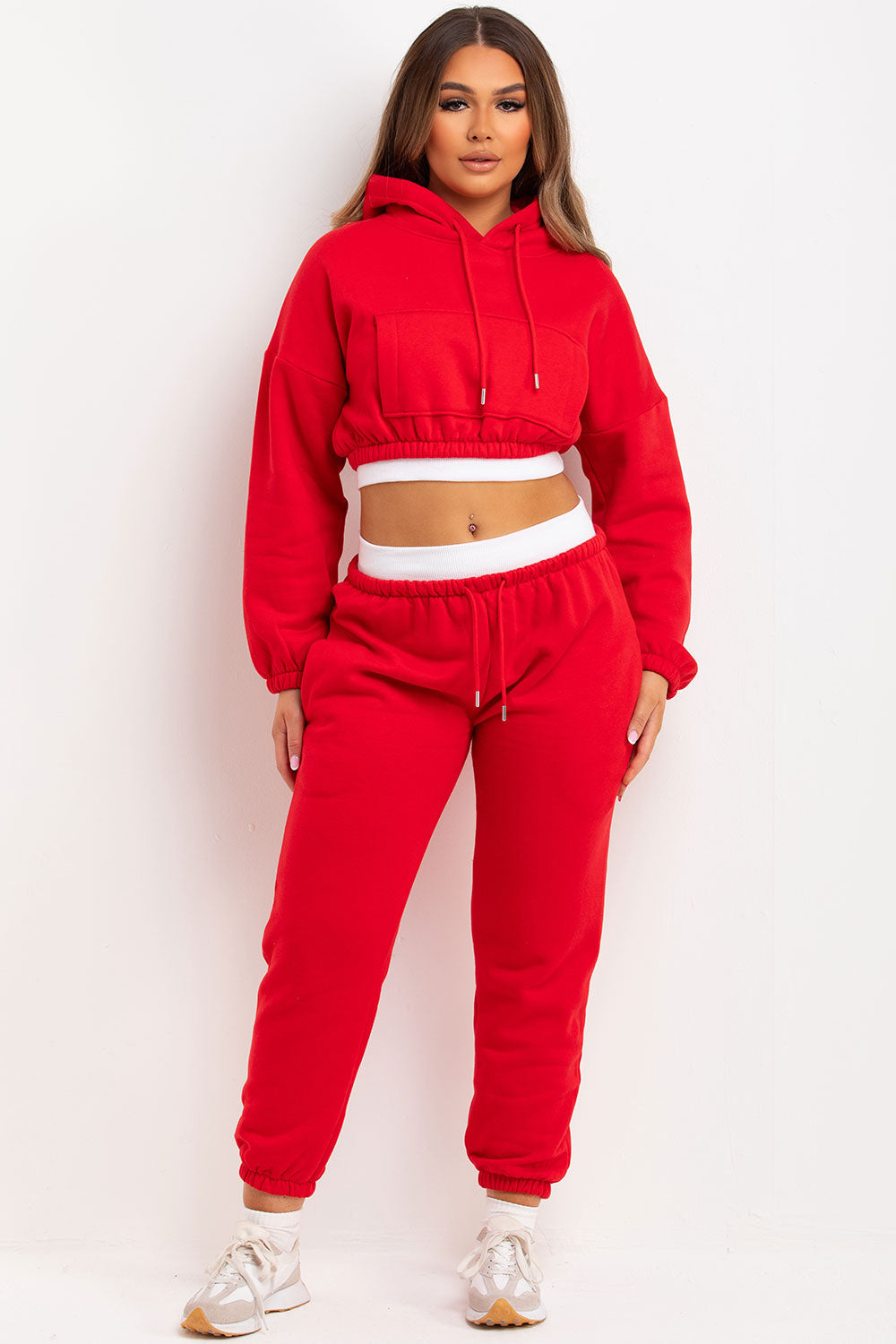Crop Hoodie and Joggers Tracksuit Ribbed Hem Red | Xtralitty