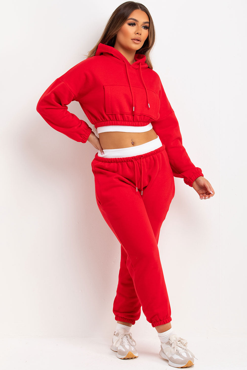 Crop Hoodie and Joggers Tracksuit Ribbed Hem Red | Xtralitty
