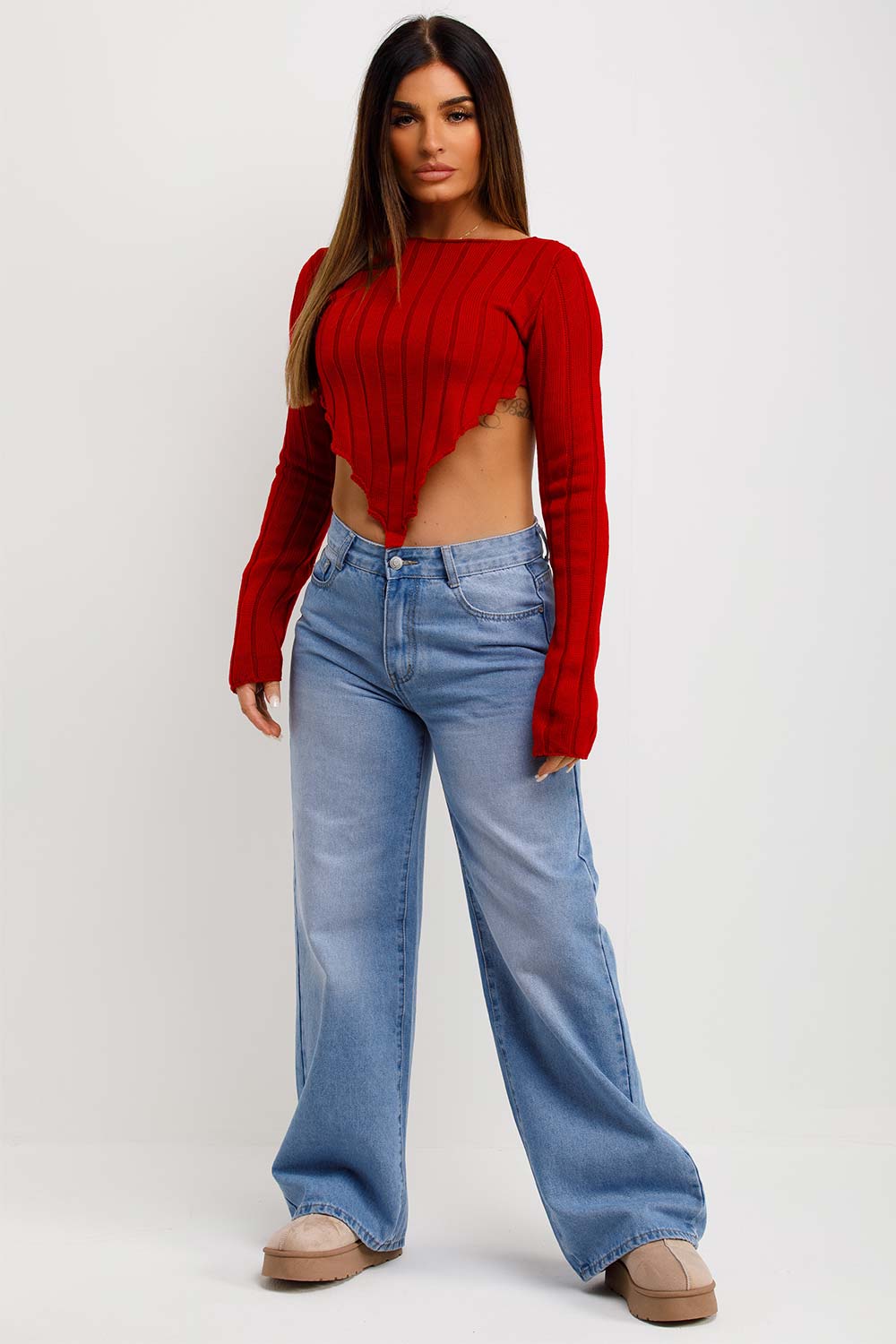 Long Sleeve Dip Hem Crop Knitted Jumper Red | Xtralitty