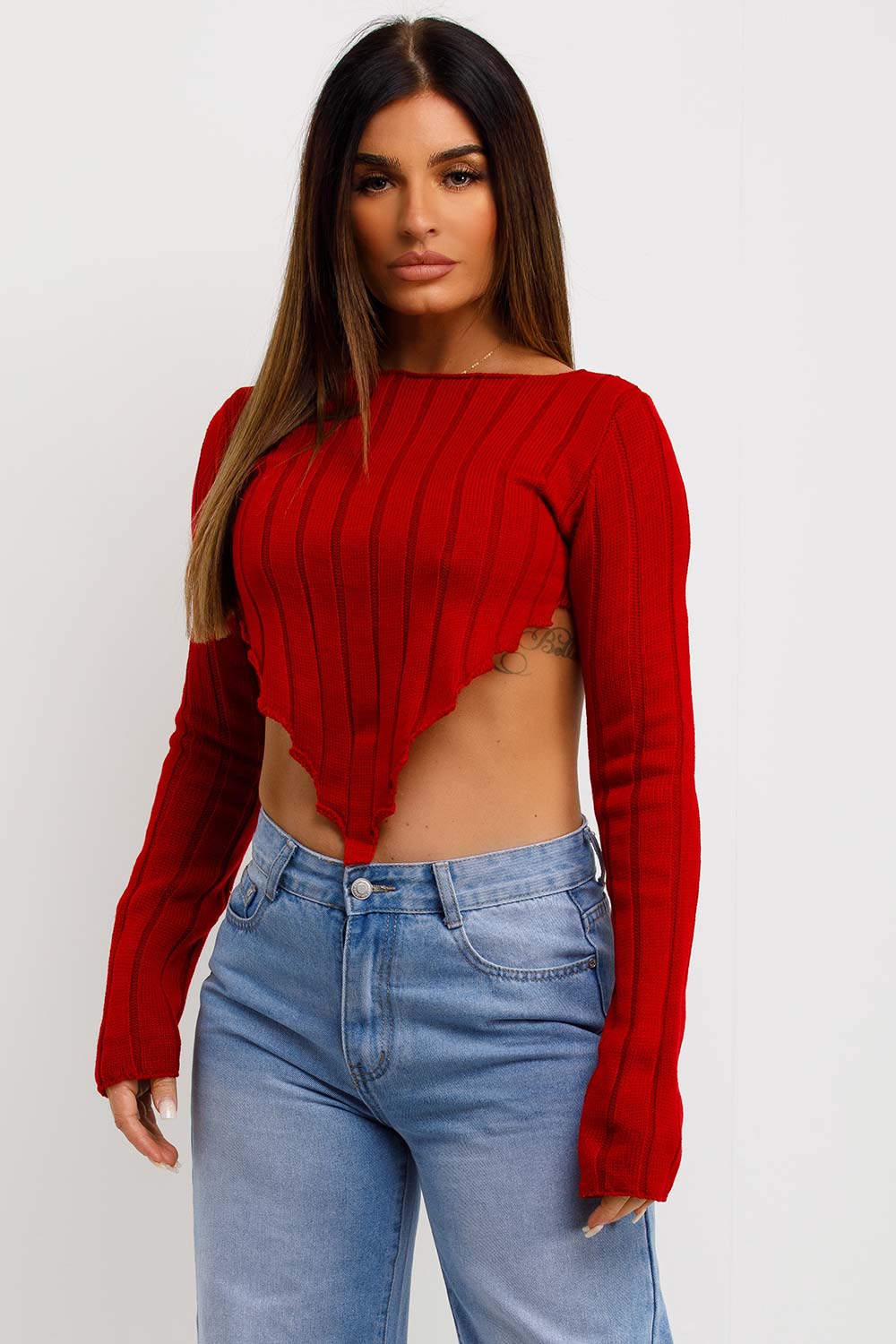 Long Sleeve Dip Hem Crop Knitted Jumper Red | Xtralitty