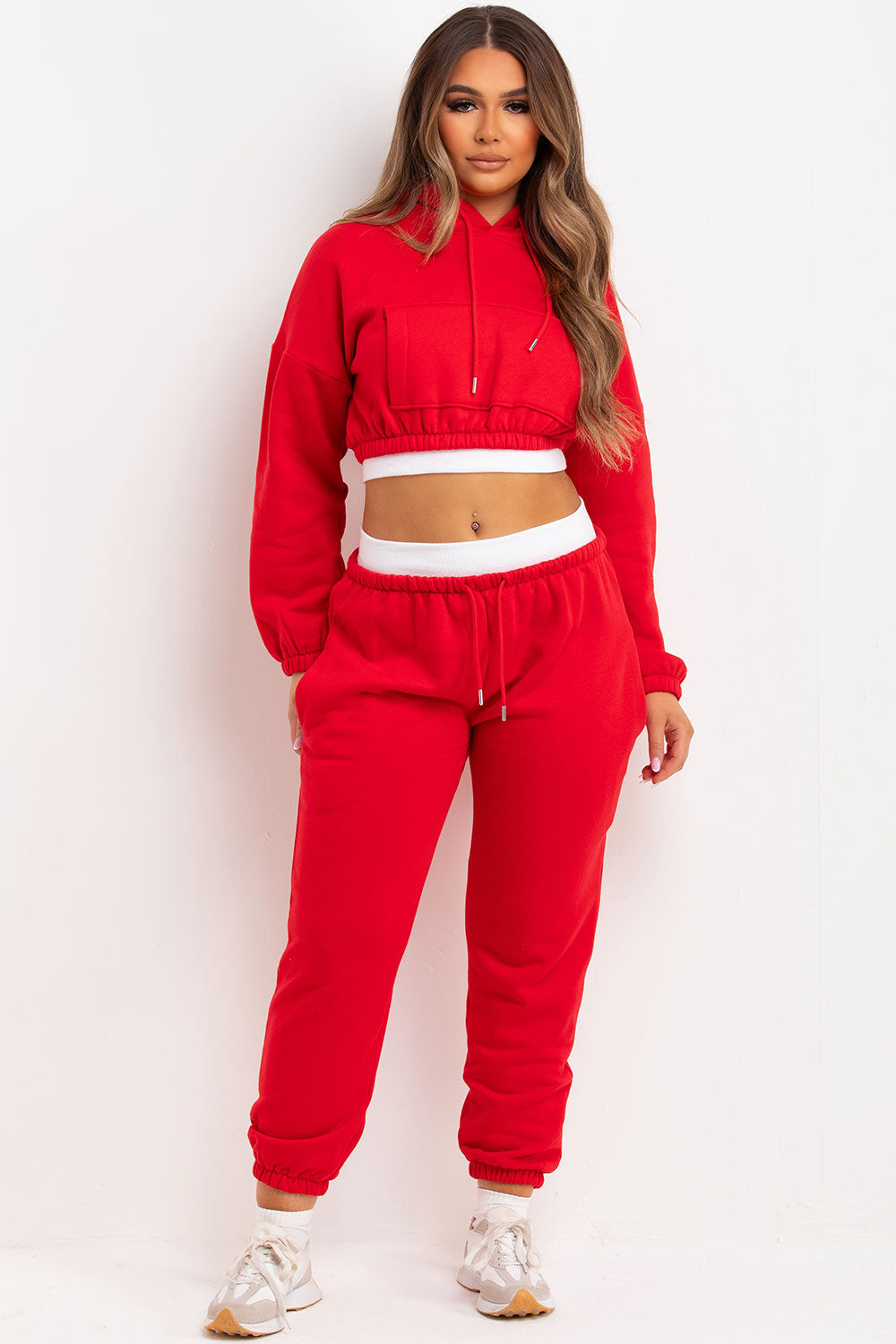 Crop Hoodie and Joggers Tracksuit Ribbed Hem Red | Xtralitty