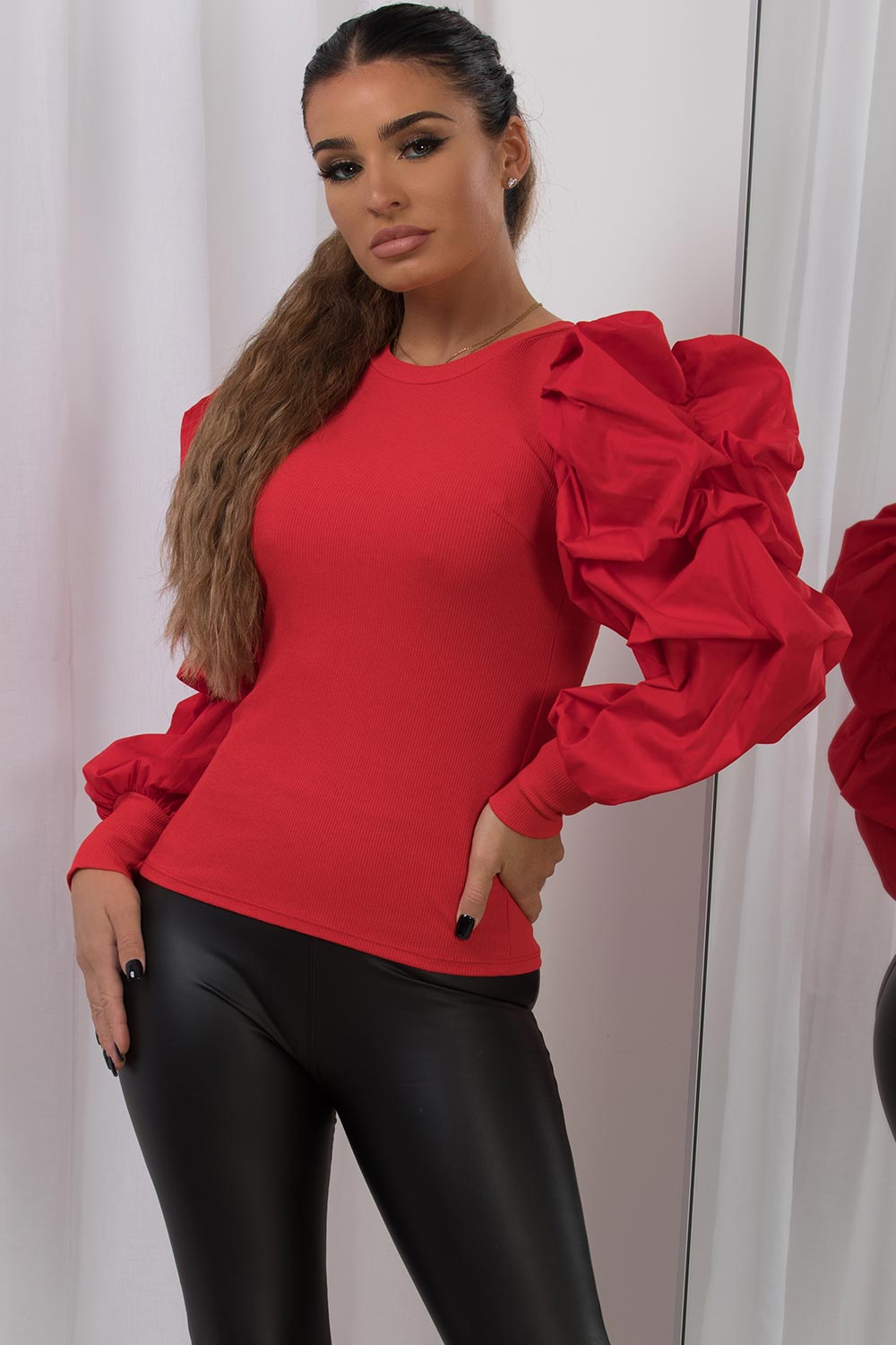 Puff Sleeve Jumper Top Red | Xtralitty