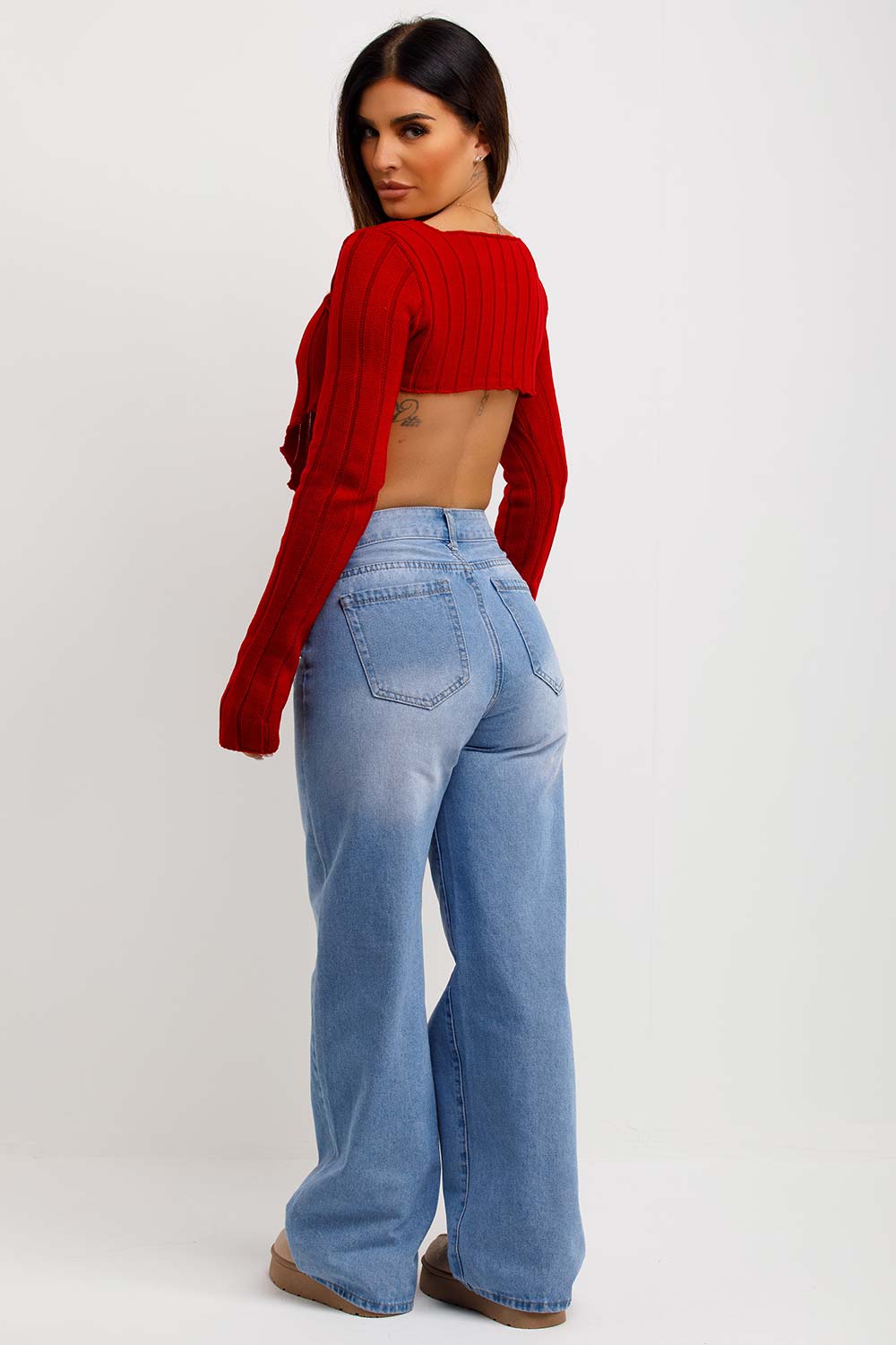 Long Sleeve Dip Hem Crop Knitted Jumper Red | Xtralitty