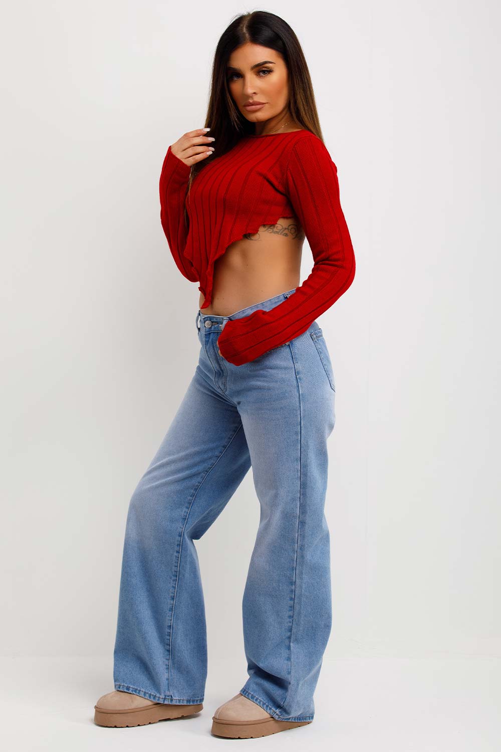 Long Sleeve Dip Hem Crop Knitted Jumper Red | Xtralitty