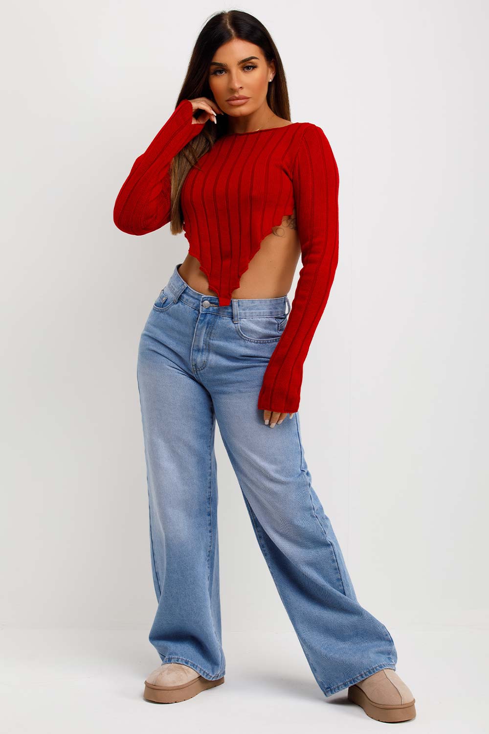 Long Sleeve Dip Hem Crop Knitted Jumper Red | Xtralitty