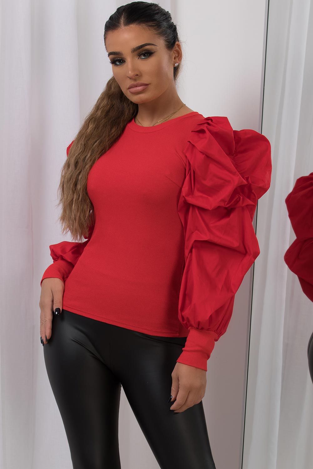Puff Sleeve Jumper Top Red | Xtralitty