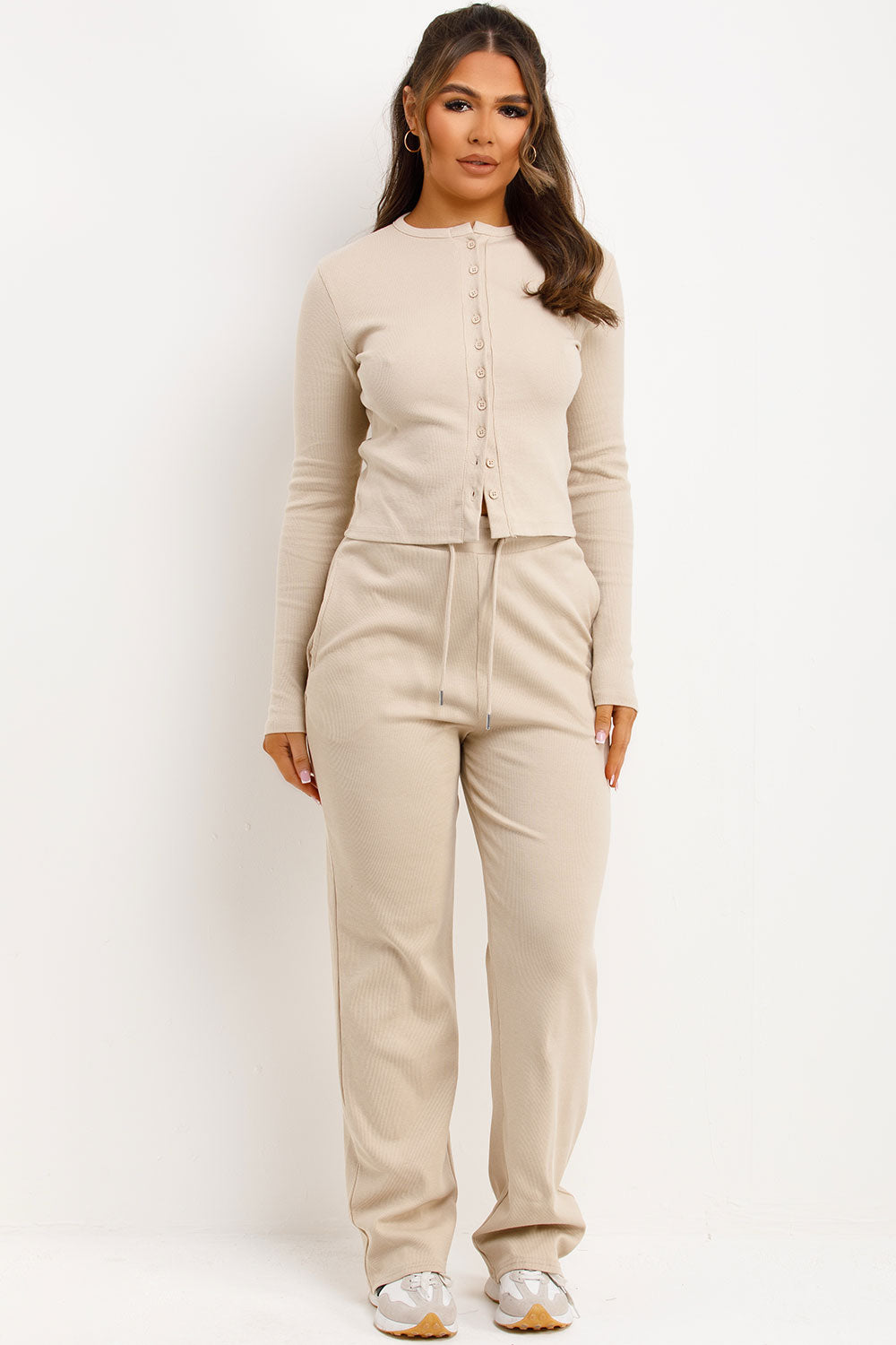 Rib Button Up Long Sleeve Top and Trouser Lounge | Xtralitty