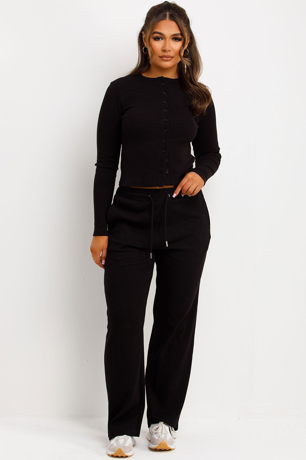 Rib Button Up Long Sleeve Top and Trouser Lounge | Xtralitty
