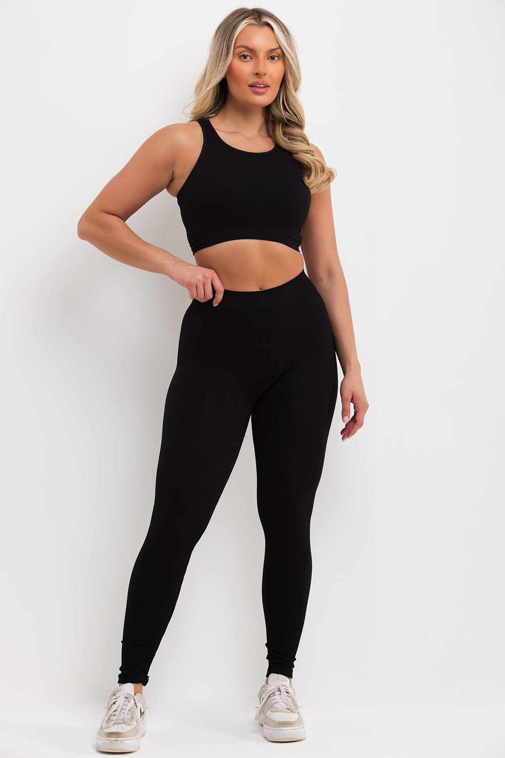 Ribbed Leggings and Crop Top Co Ord Set Black | Xtralitty