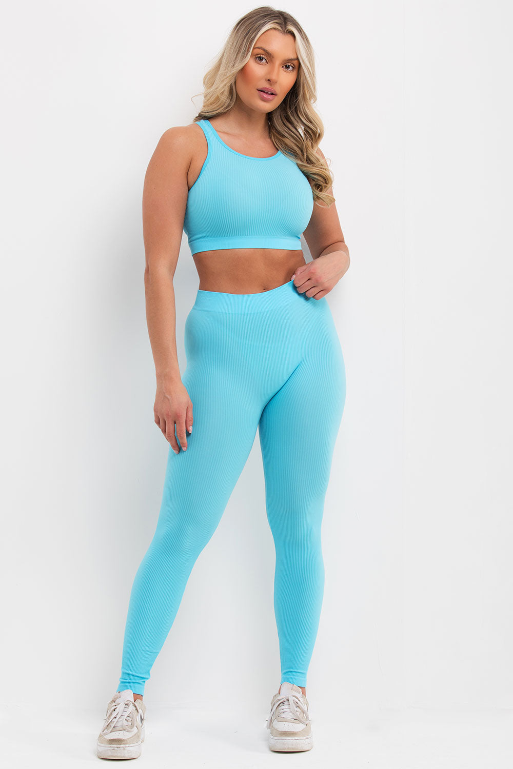 Ribbed Leggings and Crop Top Co Ord Set Sky Blue | Xtralitty