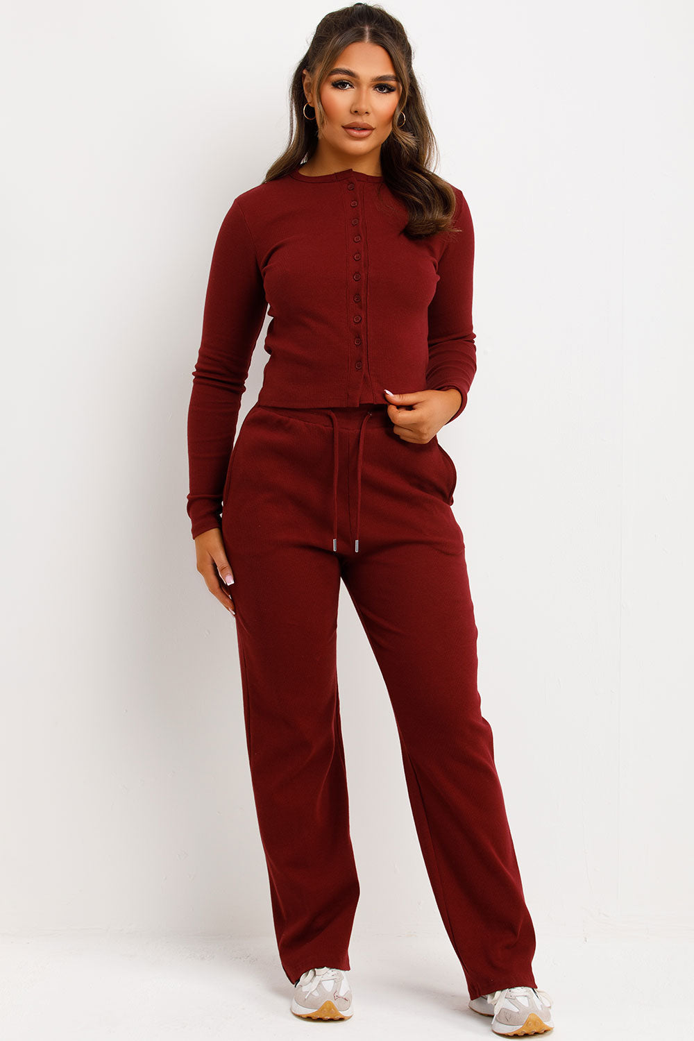 Rib Button Up Long Sleeve Top and Trouser Lounge | Xtralitty