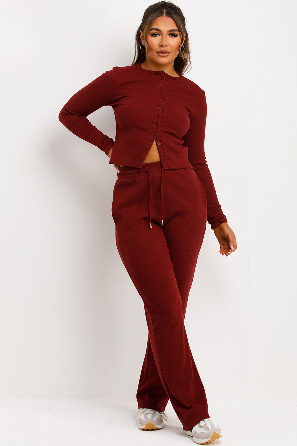 Rib Button Up Long Sleeve Top and Trouser Lounge | Xtralitty