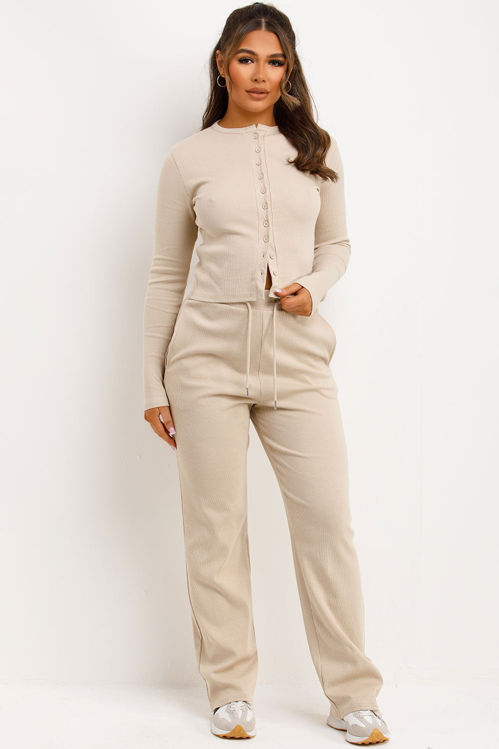 Rib Button Up Long Sleeve Top and Trouser Lounge | Xtralitty