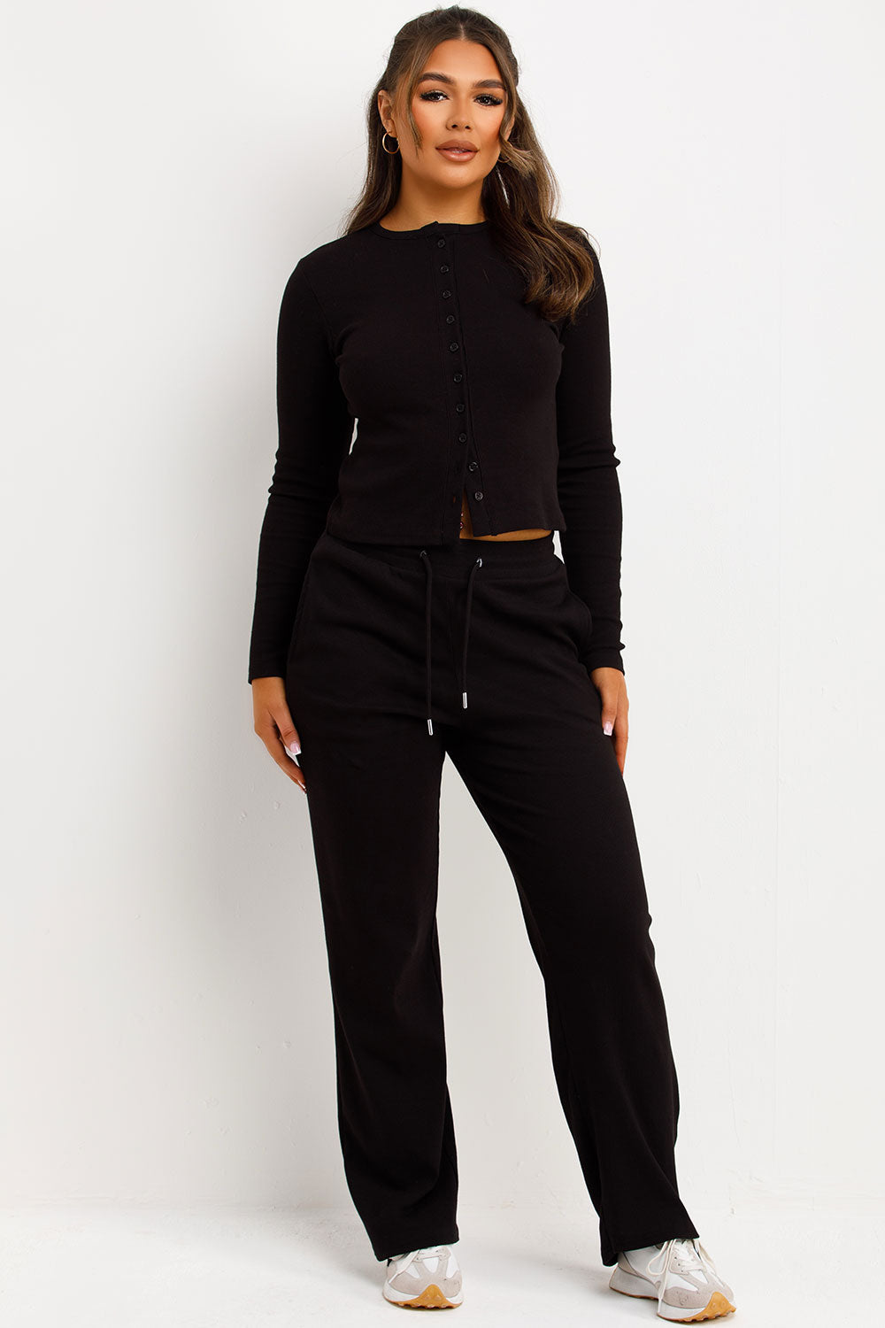 Rib Button Up Long Sleeve Top and Trouser Lounge | Xtralitty