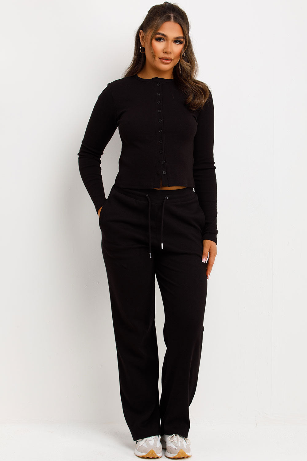 Rib Button Up Long Sleeve Top and Trouser Lounge | Xtralitty