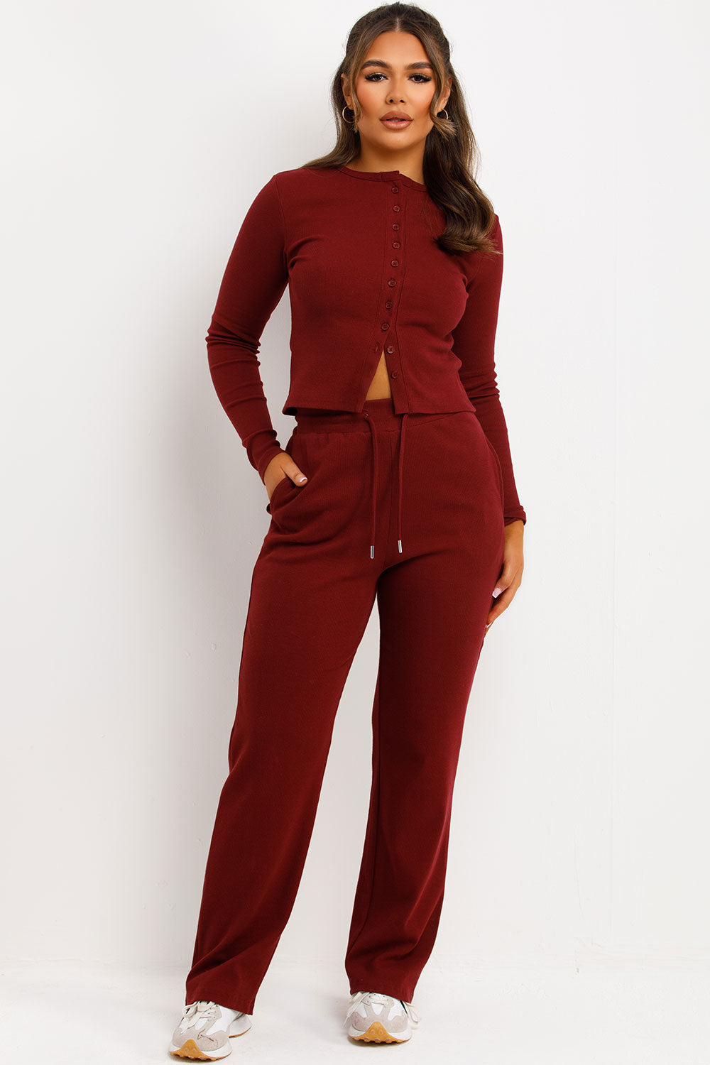 Rib Button Up Long Sleeve Top and Trouser Lounge | Xtralitty