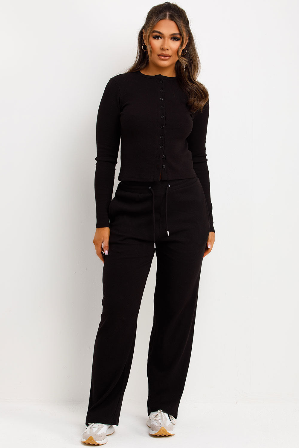 Rib Button Up Long Sleeve Top and Trouser Lounge | Xtralitty