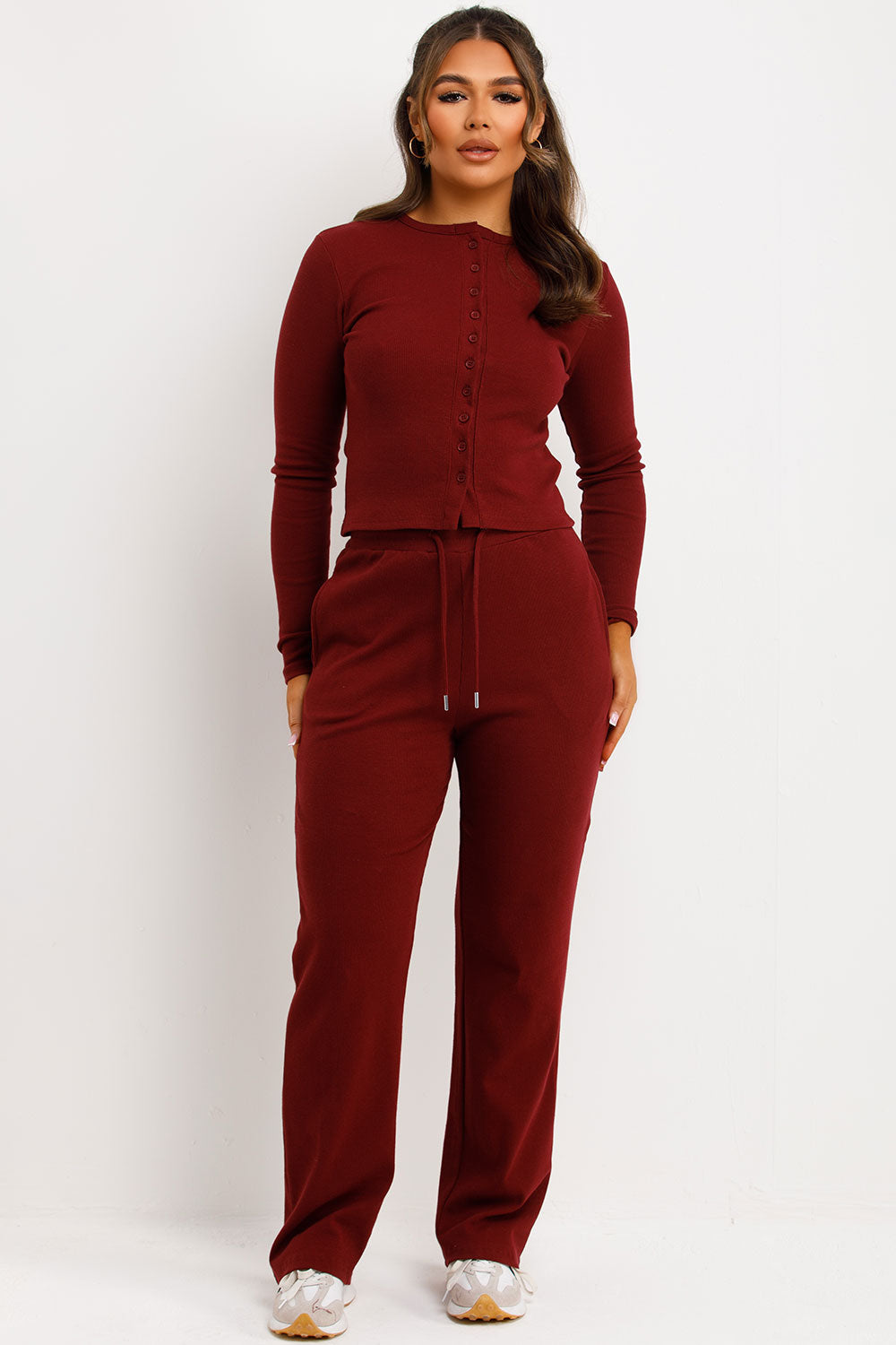 Rib Button Up Long Sleeve Top and Trouser Lounge | Xtralitty