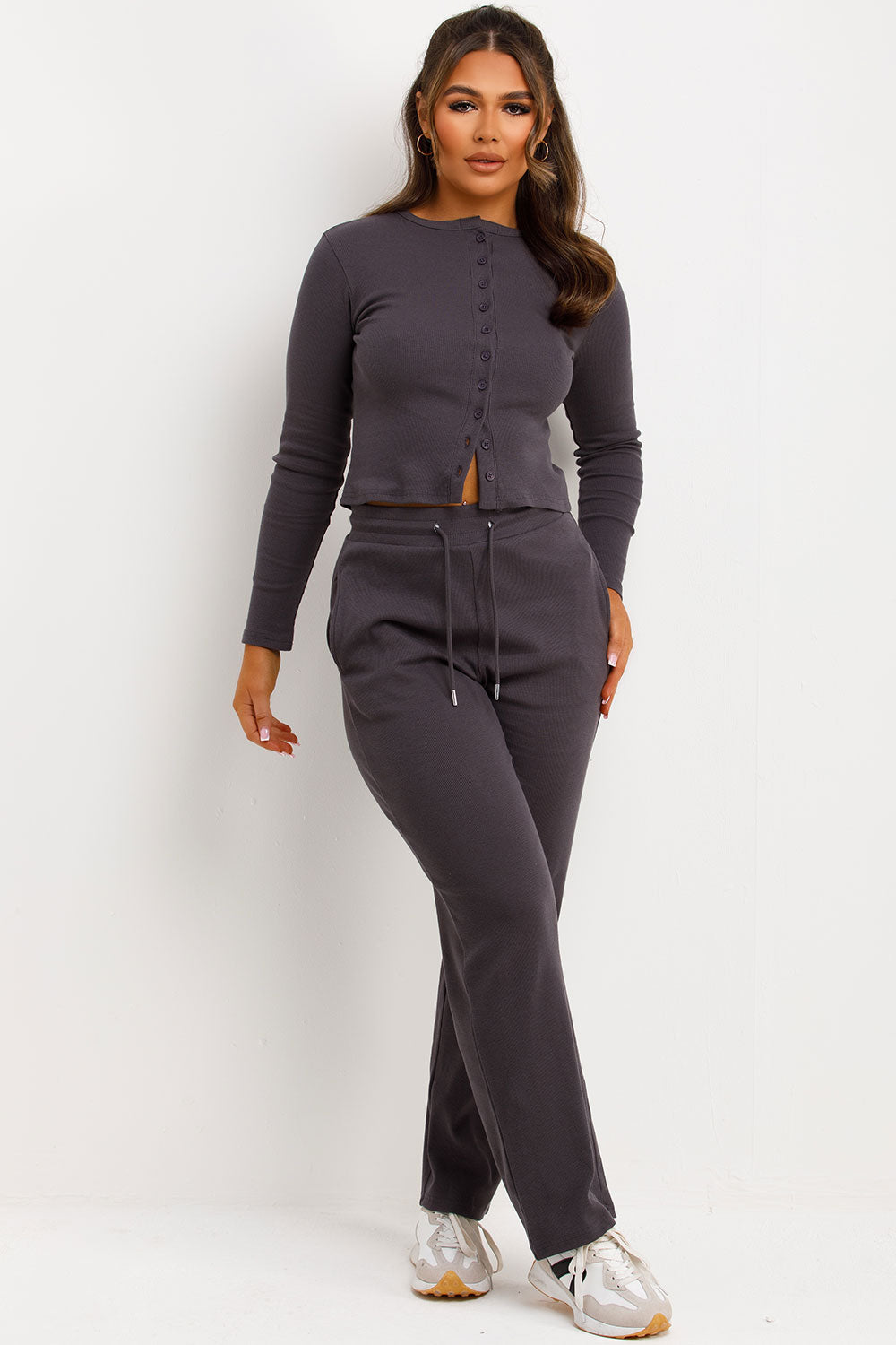 Rib Button Up Long Sleeve Top and Trouser Lounge | Xtralitty