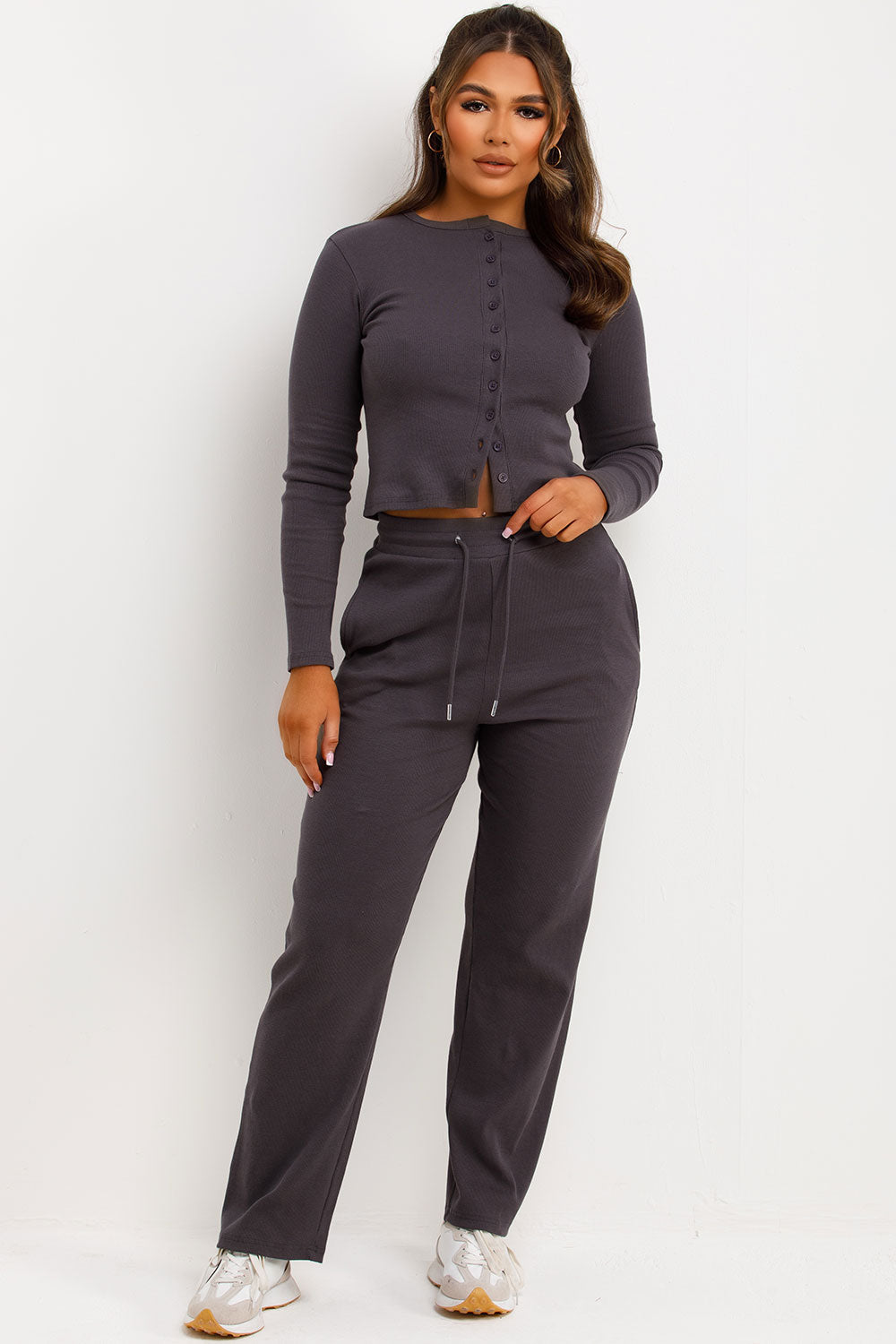 Rib Button Up Long Sleeve Top and Trouser Lounge | Xtralitty