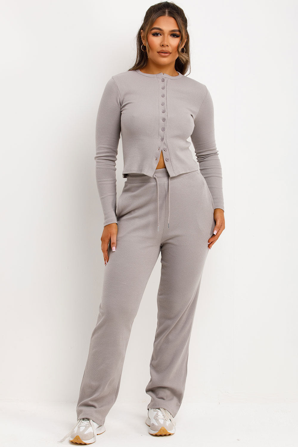 Rib Button Up Long Sleeve Top and Trouser Lounge | Xtralitty