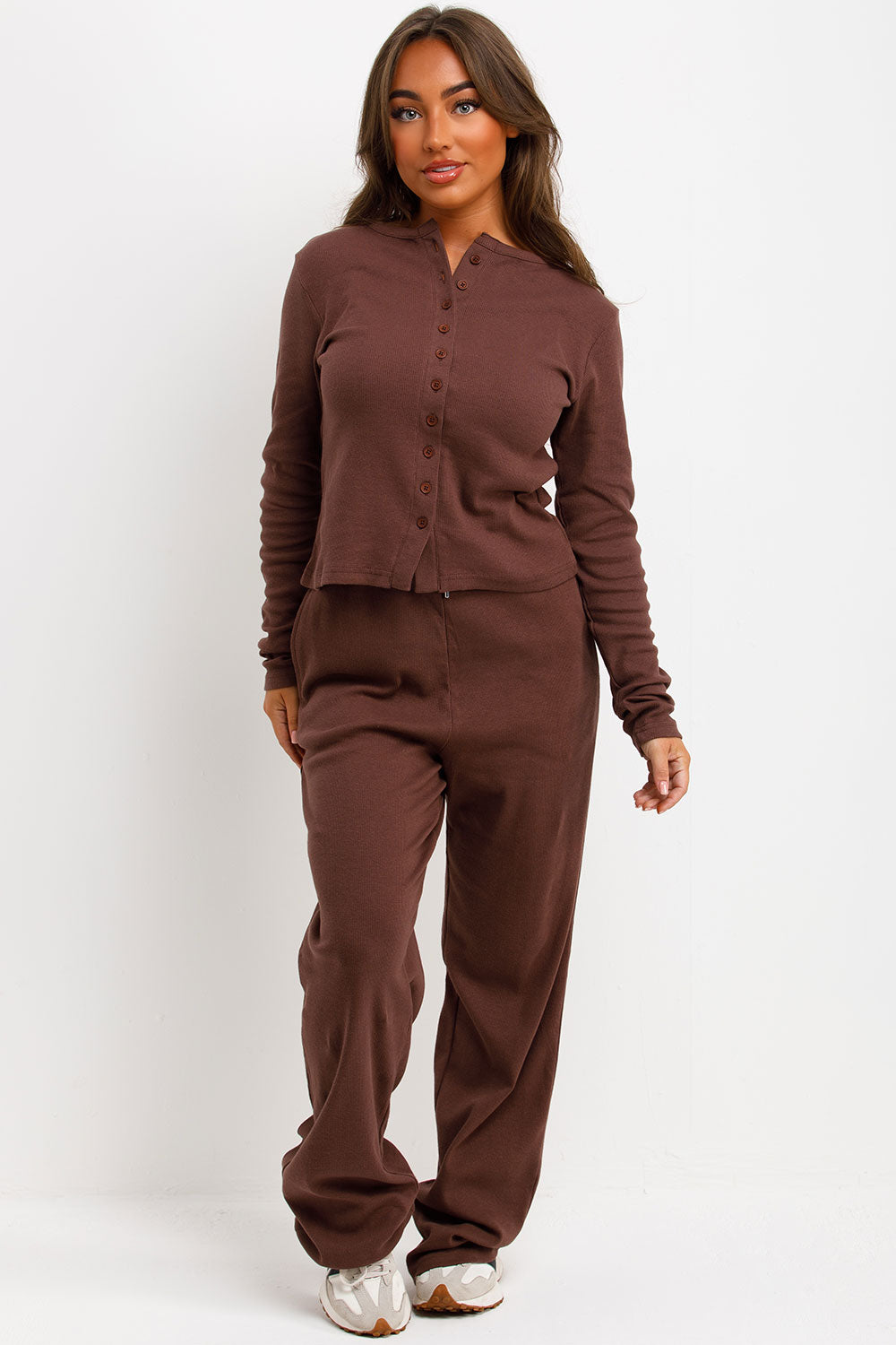 Rib Button Up Long Sleeve Top and Trouser Lounge | Xtralitty