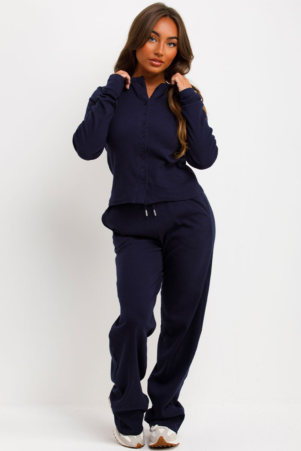 Rib Button Up Long Sleeve Top and Trouser Lounge | Xtralitty