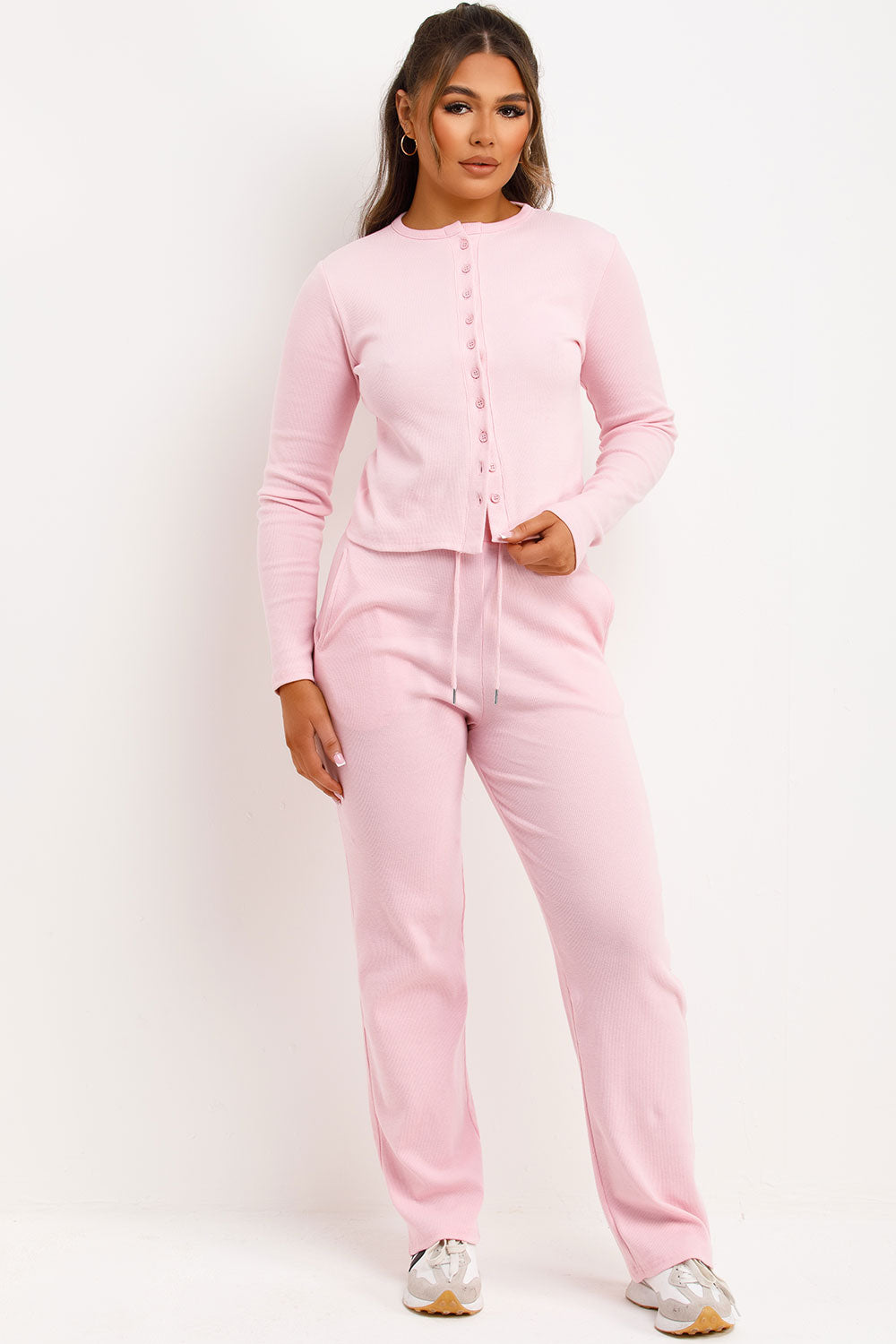 Rib Button Up Long Sleeve Top and Trouser Lounge | Xtralitty