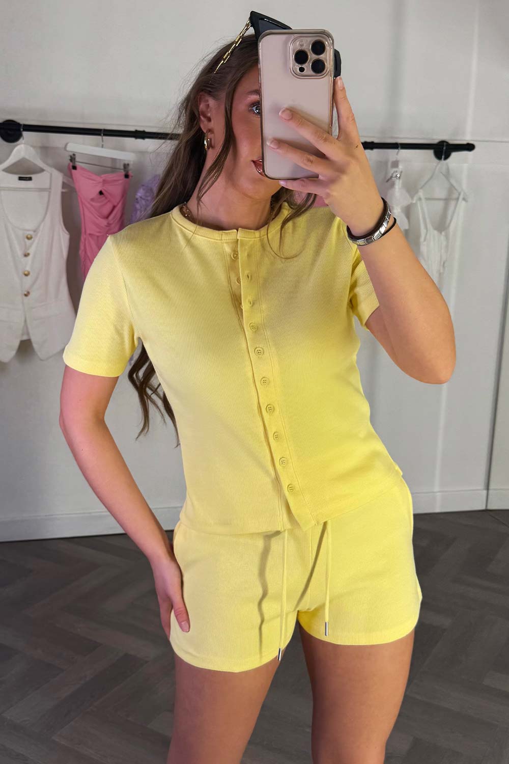 Rib Button Up Top and Shorts Tracksuit Set Yello | Xtralitty