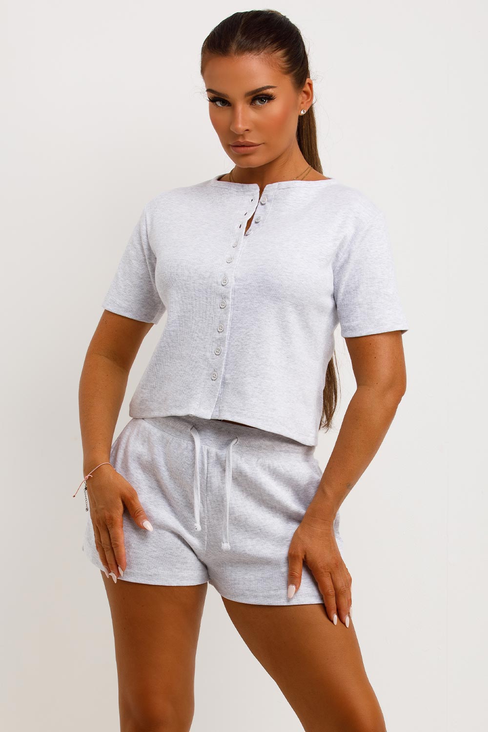 Rib Button Up Top and Shorts Tracksuit Set Grey | Xtralitty
