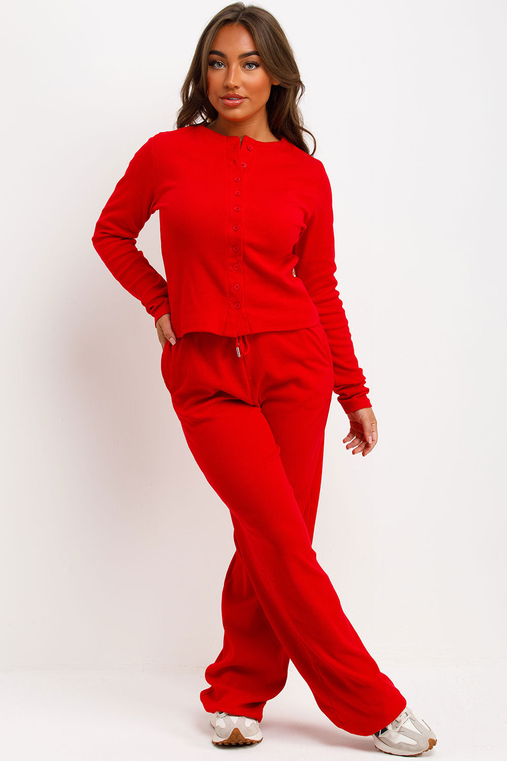 Rib Button Up Long Sleeve Top and Trouser Lounge | Xtralitty