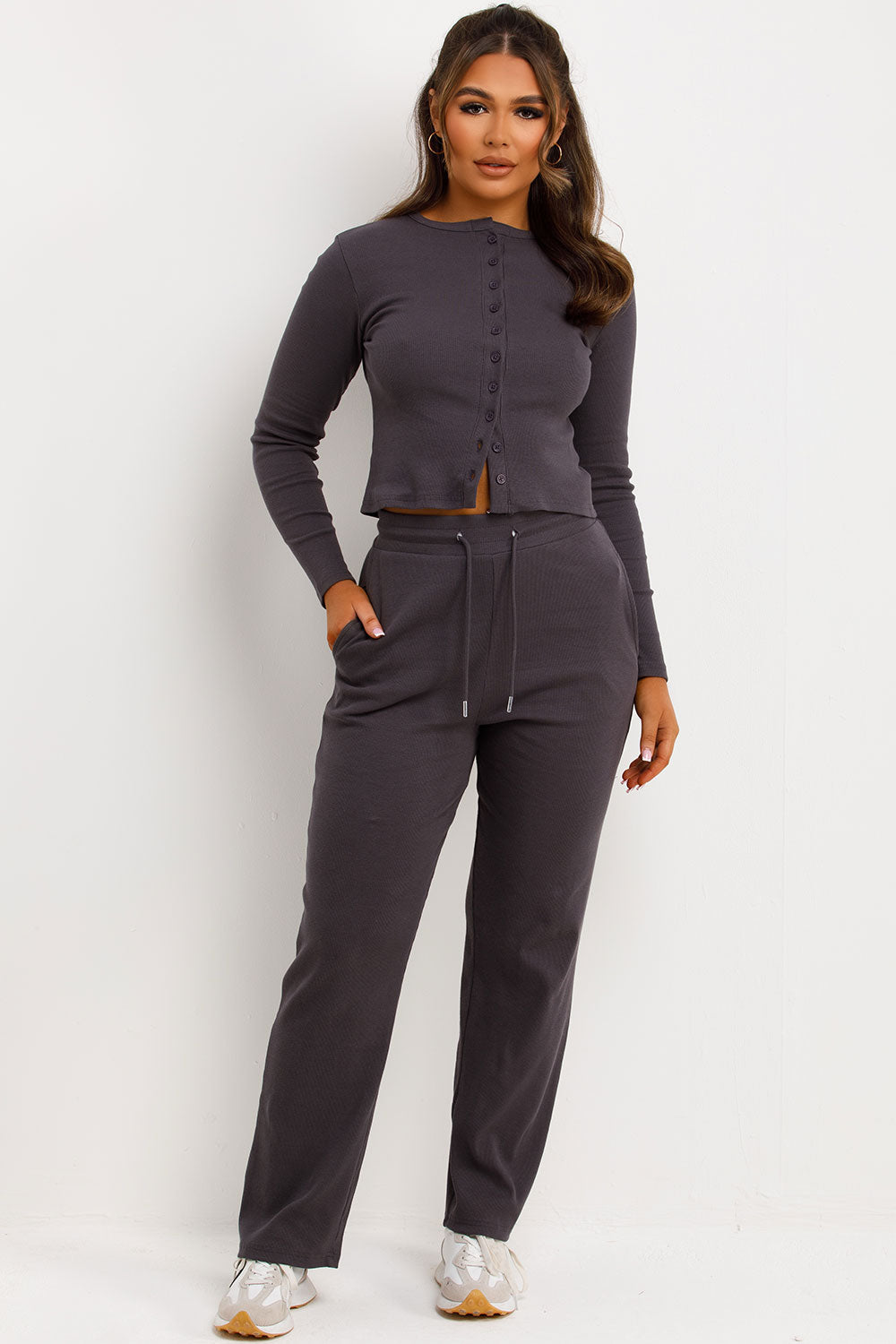 Rib Button Up Long Sleeve Top and Trouser Lounge | Xtralitty