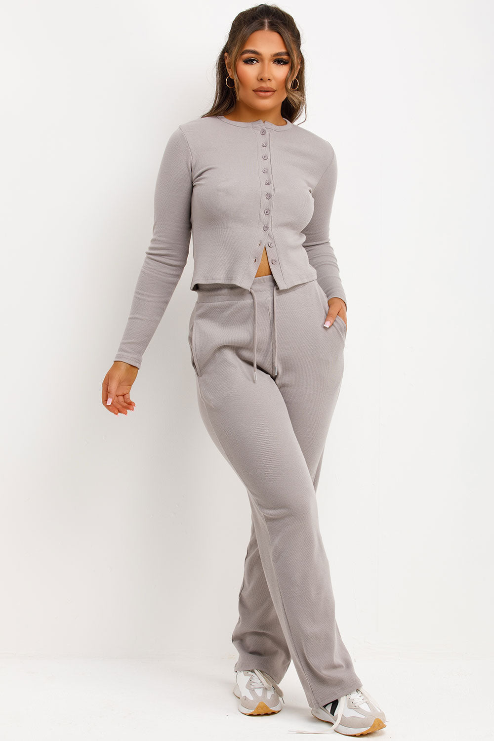 Rib Button Up Long Sleeve Top and Trouser Lounge | Xtralitty