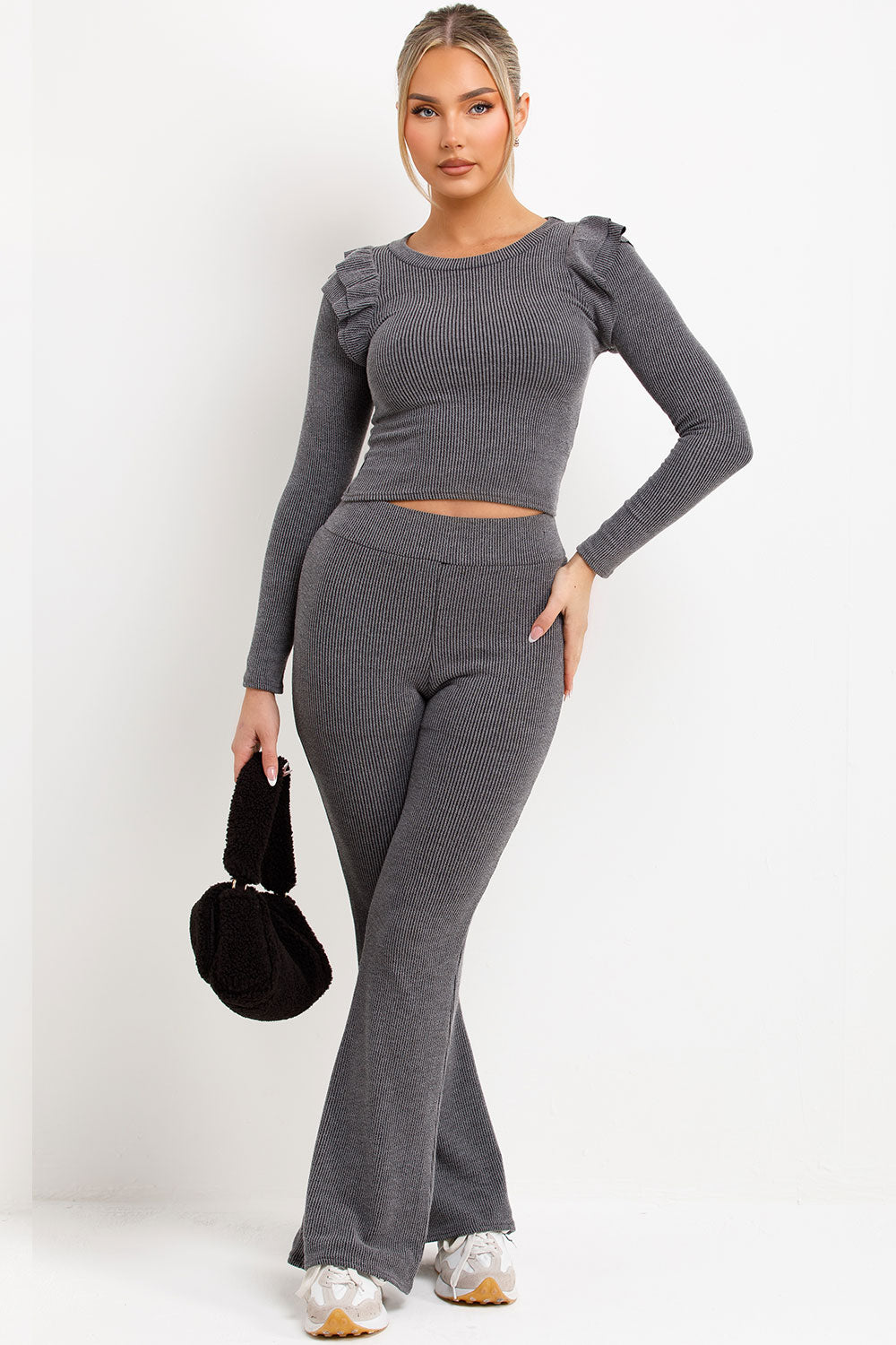 Ribbed Long Sleeve Frill Shoulder Top Skinny Fla | Xtralitty