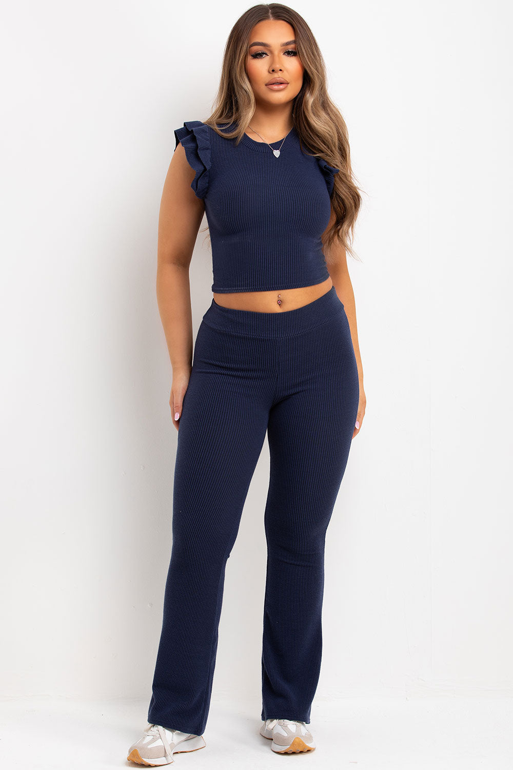 Frill Shoulder Top and Skinny Flare Trouser Set | Xtralitty