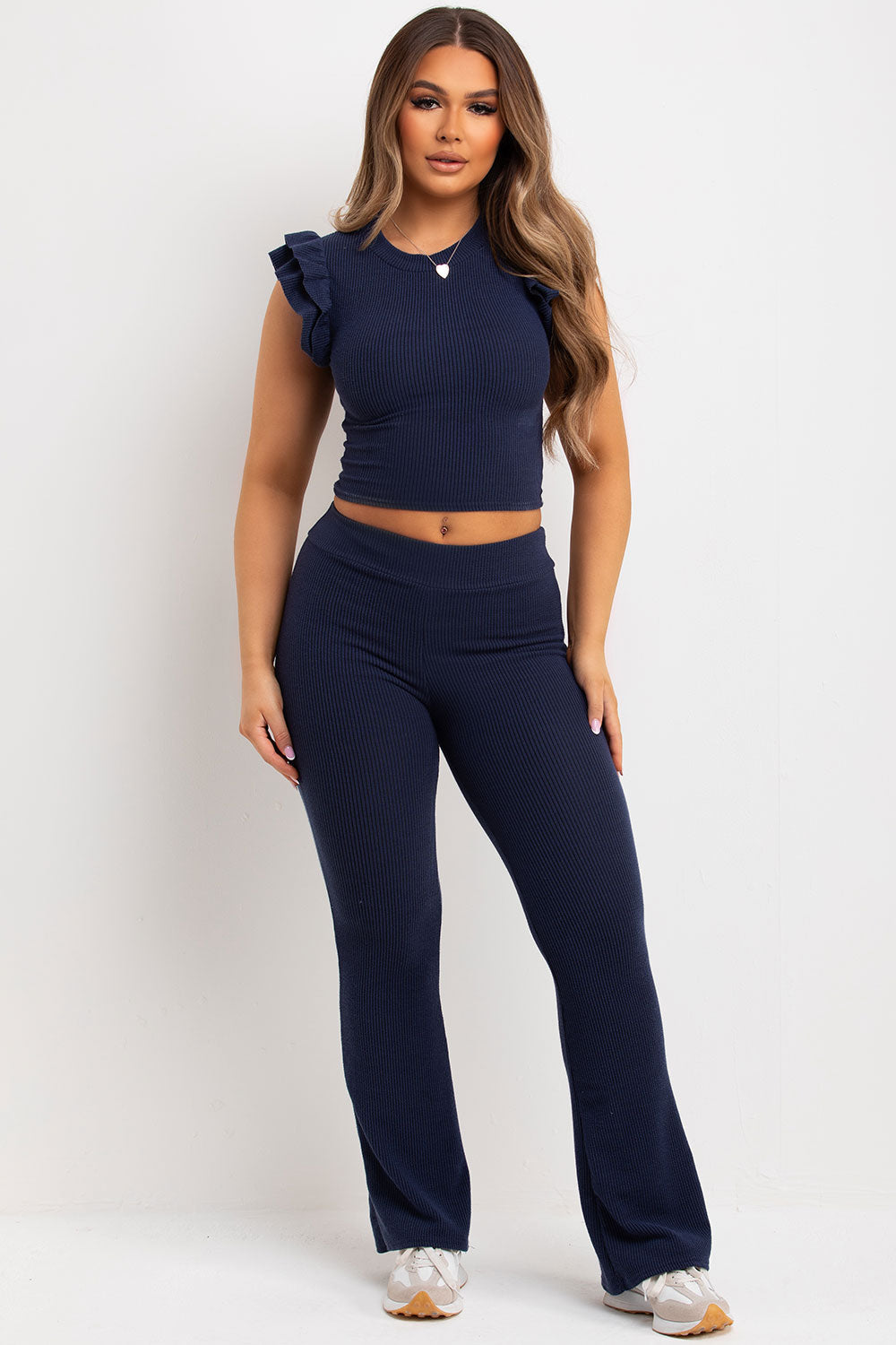 Frill Shoulder Top and Skinny Flare Trouser Set | Xtralitty