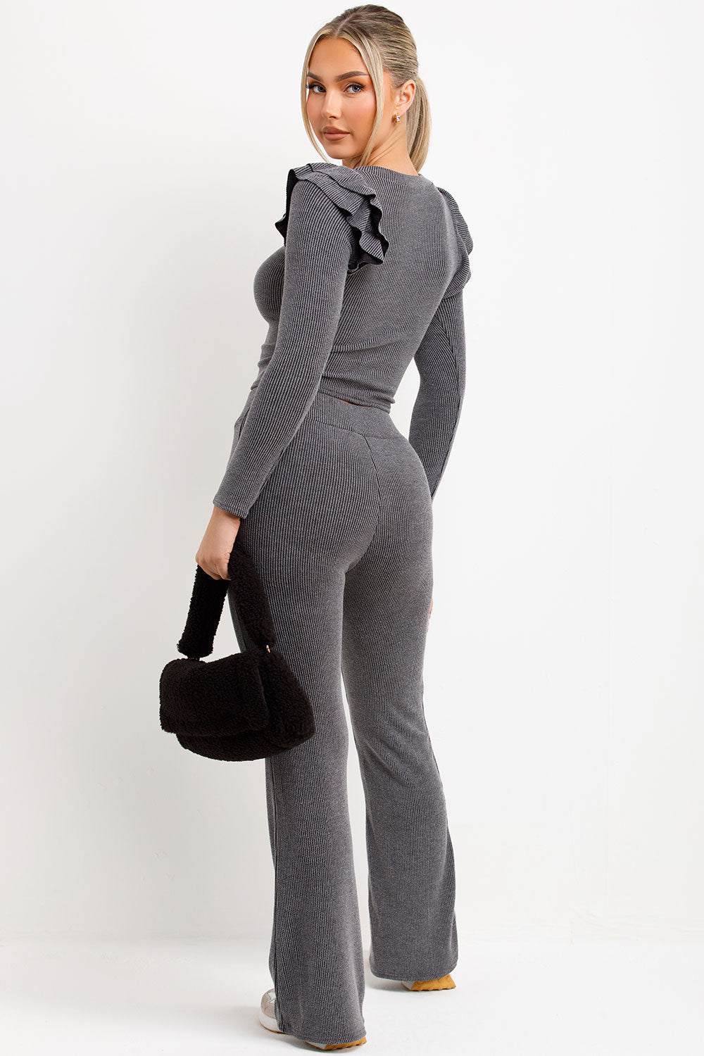 Ribbed Long Sleeve Frill Shoulder Top Skinny Fla | Xtralitty