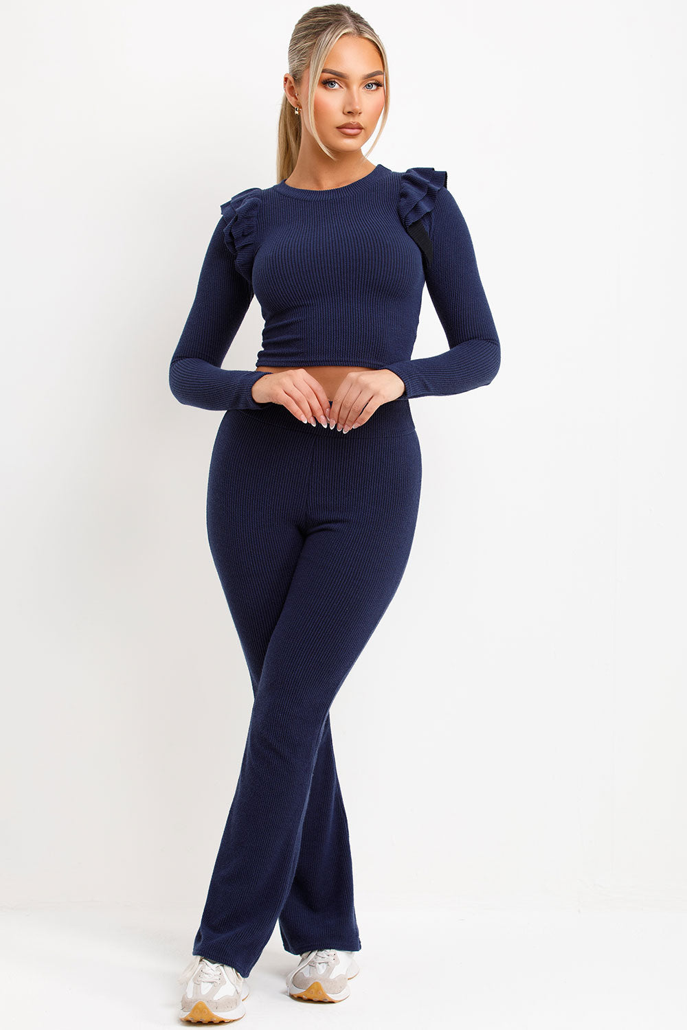 Ribbed Long Sleeve Frill Shoulder Top Skinny Fla | Xtralitty