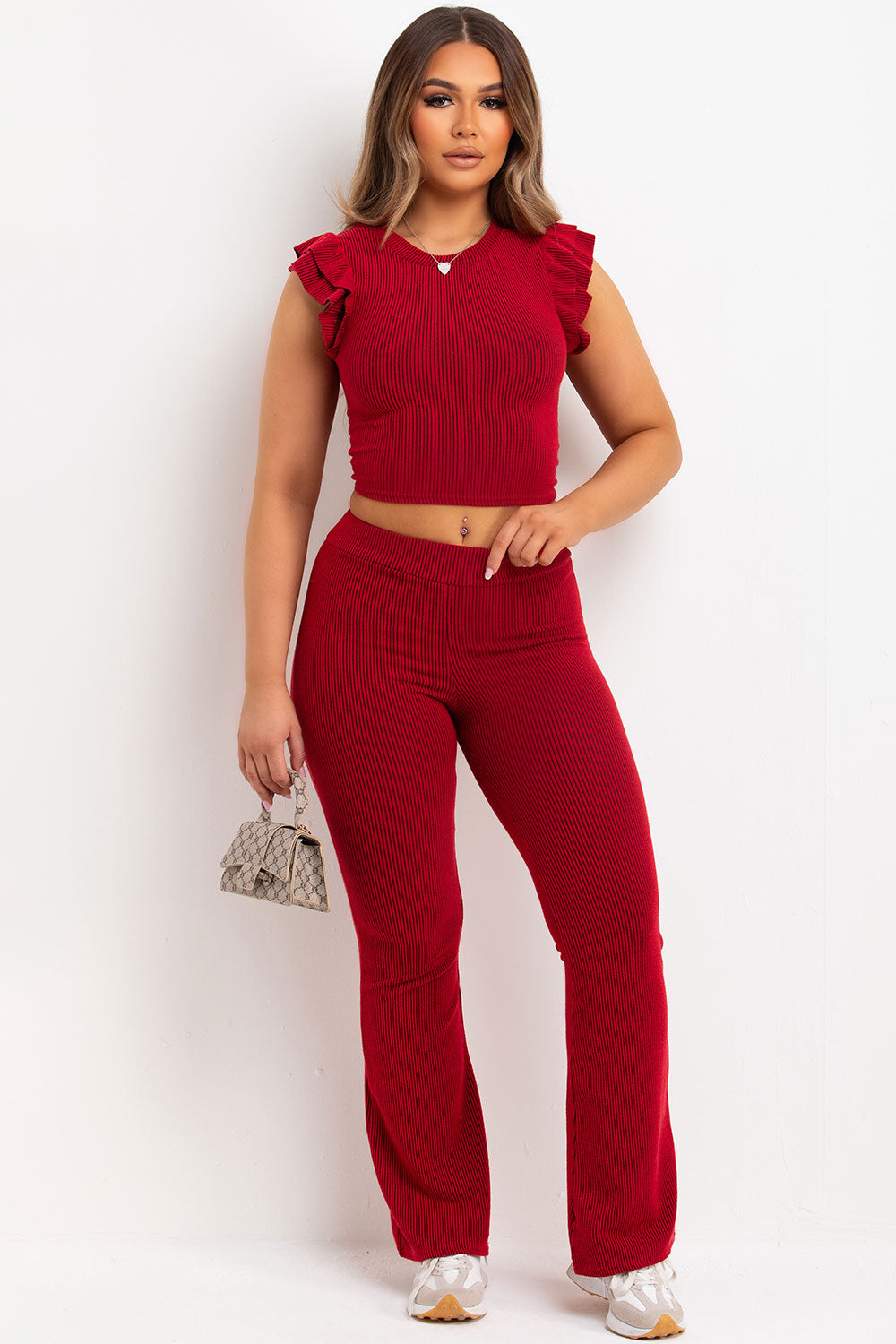 Frill Shoulder Top and Skinny Flare Trouser Set | Xtralitty