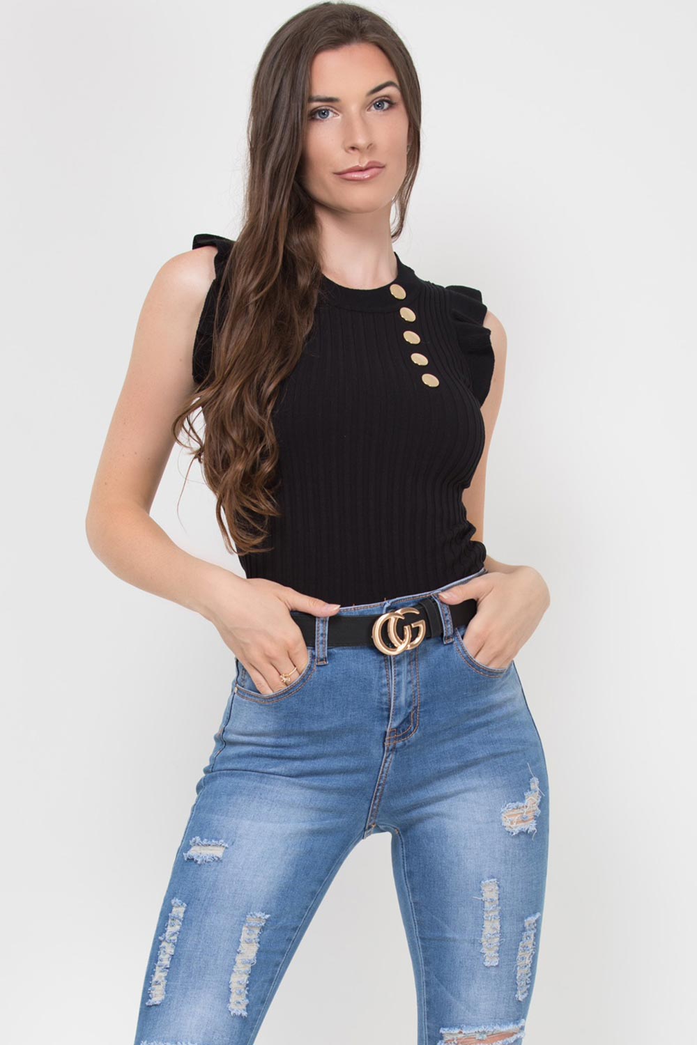 Black Ribbed Sleeveless Frill Detail Gold Button | Xtralitty