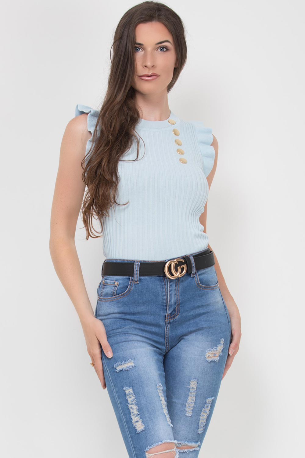 Ribbed Sleeveless Frill Detail Gold Button Top S | Xtralitty