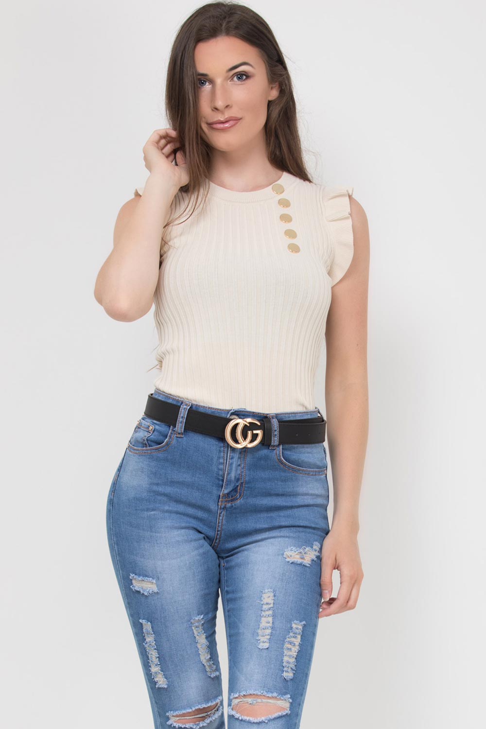 Ribbed Sleeveless Frill Detail Gold Button Top B | Xtralitty